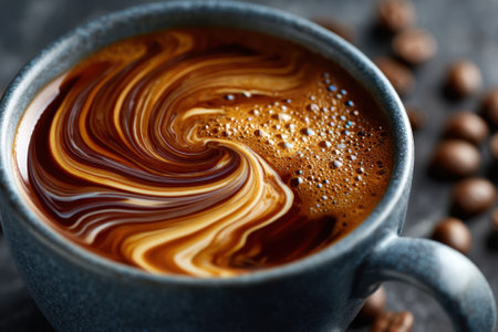 A steaming cup of coffee is enhanced with swirling cream, surrounded by coffee beans on a dark surface.の写真素材