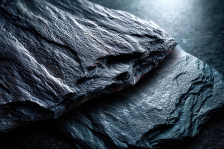 Two dark rocks showcase intricate textures and shapes with smooth surfaces under gentle illumination.の素材