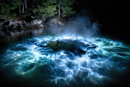 The calm water reflects an otherworldly glow while steam rises from the surface under moonlight.の写真素材