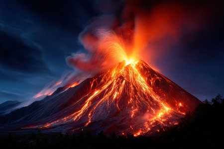 A powerful volcanic eruption creates a stunning spectacle of lava and ash against a twilight backdrop.の写真素材