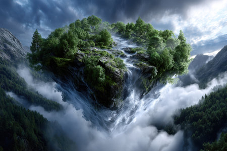 A floating island showcases vibrant trees and a waterfall with dark clouds overhead, creating a surreal atmosphere.の写真素材