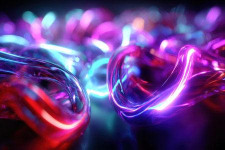 Vivid, flowing shapes appear in rich shades of pink and blue, creating a mesmerizing abstract visual in darkness.の写真素材
