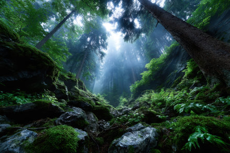 A serene forest glade features vibrant greenery, mossy rocks, and soft light breaking through the mist.の素材