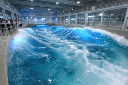 Visitors observe impressive artificial waves created in a large facility dedicated to surf simulation.の写真素材