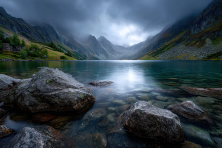 Serene lake reflects dark clouds while mountains loom majestically in the background near dusk.の写真素材