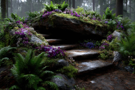 Colorful flowers bloom atop mossy rocks within a tranquil forest setting, creating a magical and serene environment.の写真素材