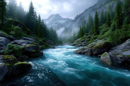 Clear blue river winds through a lush valley under a cloudy sky with towering mountains in the background.の写真素材