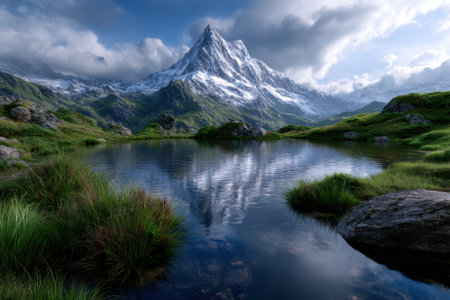 Snow-capped mountain towers over a tranquil lake, reflecting its beauty amidst vibrant greenery and clouds.の写真素材