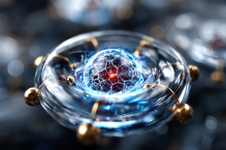 An atom is depicted with glowing particles and intricate details, showing the beauty of science.の写真素材