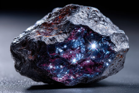 A striking mineral showcases vibrant hues and sparkling facets, illuminated under a spotlight.の写真素材