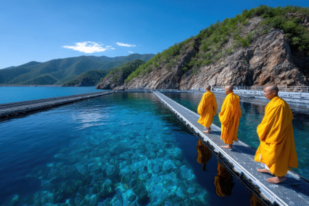 Three monks in orange robes stroll along a pier with stunning views of clear water and mountains.の写真素材