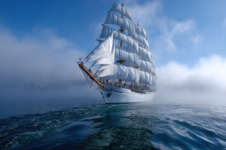 A tall ship with billowing sails glides silently through fog-covered waters at dawn, creating a serene atmosphere.の写真素材