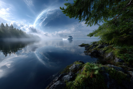 A tranquil lake reflects the early morning sky, while a boat sails amidst mist and lush greenery.の写真素材