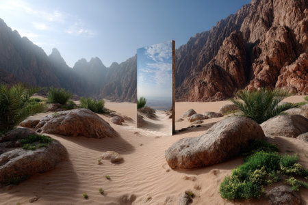 A reflective mirror stands among boulders in a vast desert, showing mountains under an expansive sky.の写真素材