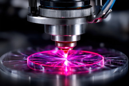 Bright pink laser beam focuses on the acrylic surface, intricately cutting designs in a modern workshop.の写真素材