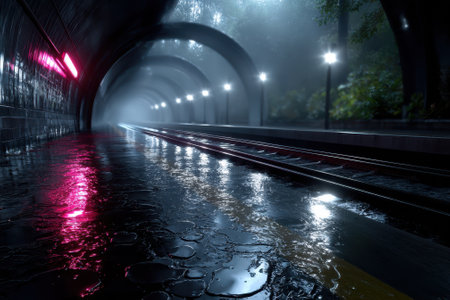 Rainwater collects on railway tracks in a dark tunnel, illuminated by soft lights and enveloped in fog.の写真素材