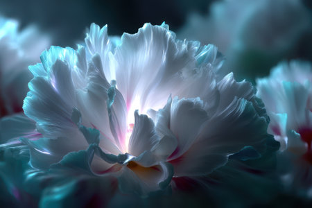 A radiant flower with soft petals glows gently, creating an enchanting atmosphere in the dark.の写真素材