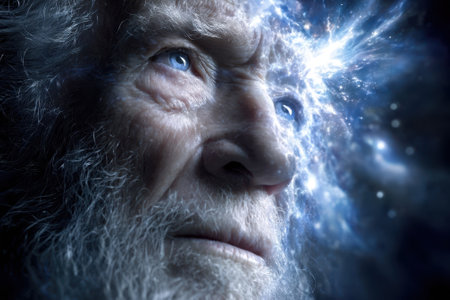 An elderly man with deep blue eyes contemplates the universe, surrounded by swirling cosmic energy and light.の写真素材