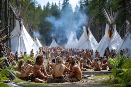 Groups of people in traditional attire gather in a lush green forest for a cultural event under teepees.の写真素材