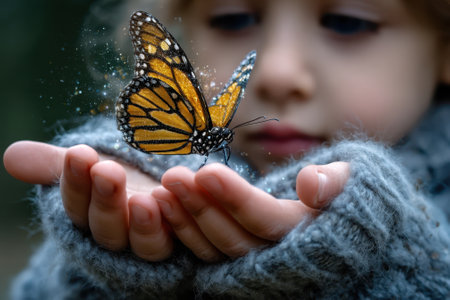A young child gently cradles a vibrant butterfly in their hands, connecting with nature.の写真素材
