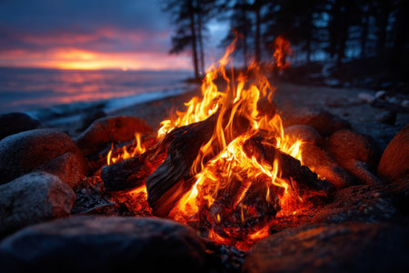 A warm fire burns brightly along a shoreline as the sun sets, casting vibrant colors across the sky.の写真素材