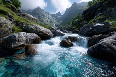 Clear river water cascades over rocks, surrounded by lush greenery and towering mountains on a sunny day.の写真素材