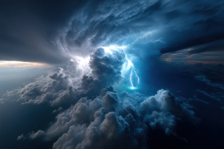 Dark clouds gather as a thunderstorm erupts, lighting the sky with brilliant flashes of lightning during twilight.の写真素材