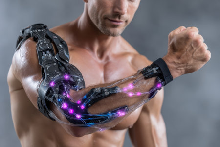 A man demonstrates a cutting-edge robotic arm with glowing features, showcasing its strength and design.の写真素材