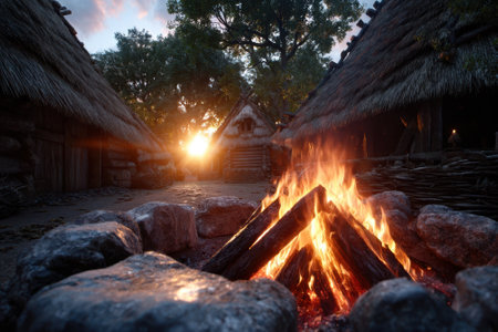 Fire crackles as villagers gather around a campfire in a rustic settlement at dusk, enjoying the warm atmosphere.の写真素材