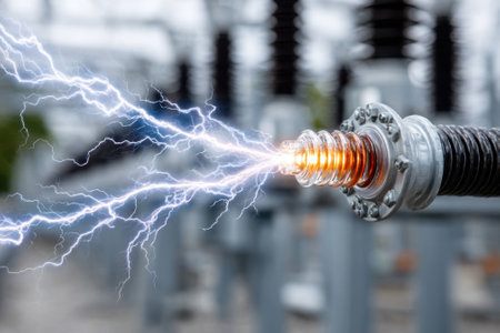 Electrical discharge occurs at a connector inside a substation during operational activities.の写真素材