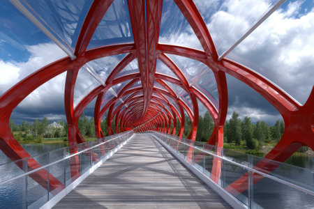 A striking red and glass pedestrian bridge stretches over water, linking green spaces in a city environment.の写真素材