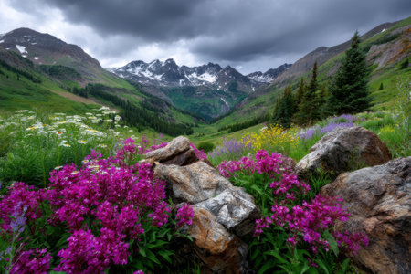 Vibrant purple flowers grow among rocks in a lush valley with snow-capped peaks and clouds overhead.の写真素材