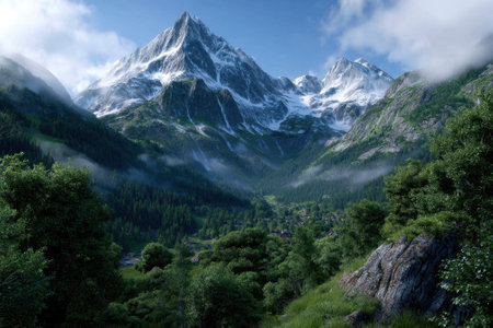 Breathtaking view of towering mountains enveloped in clouds, surrounded by vibrant trees and valleys.の写真素材