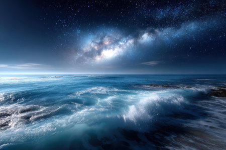 Waves roll onto a tranquil shore as stars twinkle brightly in the night sky, creating a serene atmosphere.の写真素材
