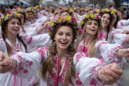 Young women in traditional outfits dance cheerfully during a spring festival, embodying cultural heritage.の写真素材