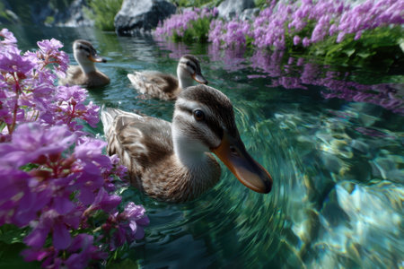Three ducks glide gracefully through clear water filled with colorful flowers, creating a peaceful moment.の写真素材