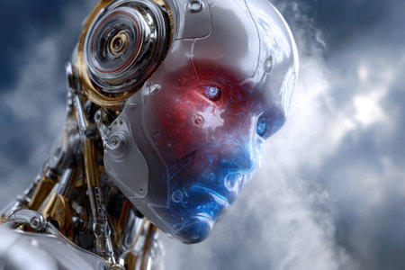 A detailed close-up of a robotic head showing intricate features and glowing elements.の写真素材