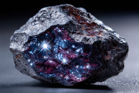 A striking mineral showcases vibrant hues and sparkling facets, illuminated under a spotlight.の写真素材