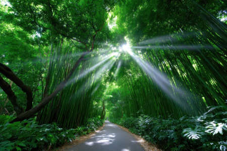 Sunlight streams down through the dense bamboo canopy, illuminating a winding path in the forest.の写真素材