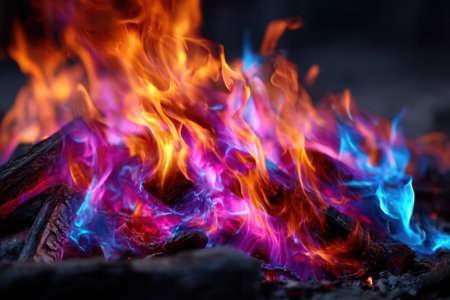 A mesmerizing display of colorful flames illuminates a gathering at night, creating a magical atmosphere.の写真素材
