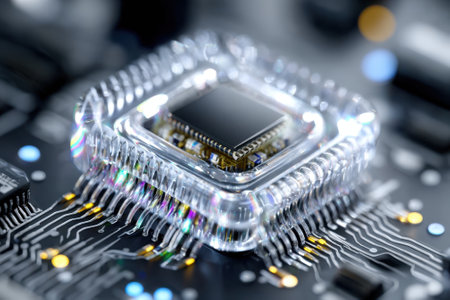 A transparent microchip is positioned on a detailed circuit board, highlighting advanced technology components.の写真素材