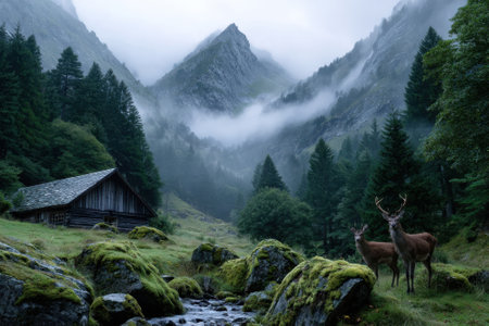 Two deer stand peacefully near a stream, surrounded by lush greenery and fog-covered mountains at dawn.の写真素材