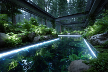 A serene pool of water surrounded by vibrant ferns and illuminated pathways in a forested setting.の写真素材