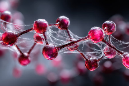 Close-up of intricate molecular formations with red spheres linked by delicate strands, showing scientific elegance.の写真素材