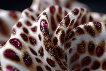 Detailed close-up of fabric showing maroon spots against a soft white background, resembling abstract design.の写真素材