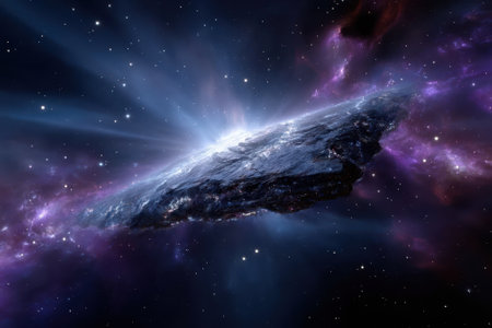 A rotating celestial object floats gracefully in the vastness of deep space, surrounded by colorful gases and stars.の写真素材