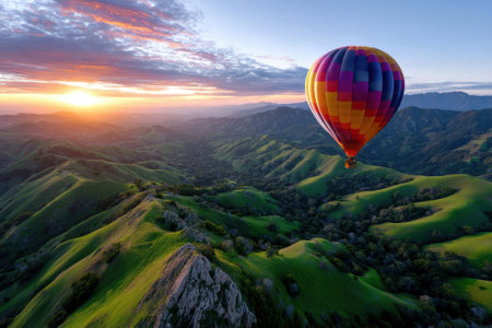 A vibrant hot air balloon drifts over lush hills as the sun rises, painting the sky with warm colors.の写真素材