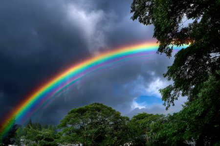 A vibrant rainbow spans the sky, contrasting against dark storm clouds and surrounded by green trees.の写真素材