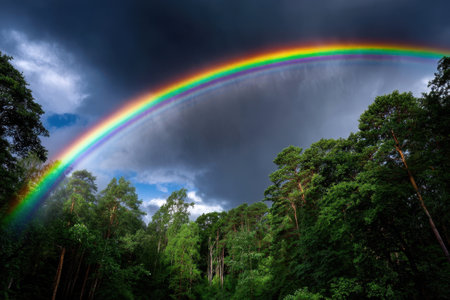 A vibrant rainbow emerges in the sky above a dense forest after a rain shower, showing nature's beauty.の写真素材