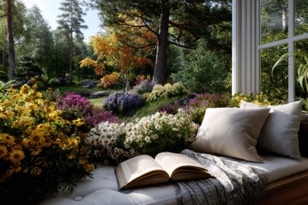 Sunlight filters through the window, illuminating a cushioned reading area filled with books and colorful flowers.の写真素材